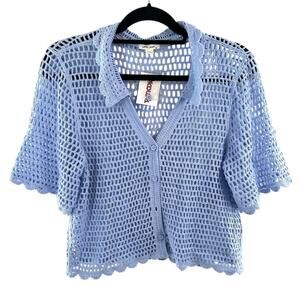 Ultra Pink Crochet Short Sleeve Cotton Cottagecore Blue Cardigan Sweater Medium